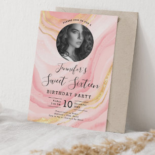 FOTO Roos Gold Blush Pink Marble Sweet 16 Party Kaart