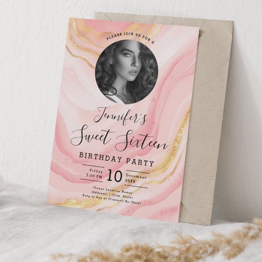 FOTO Roos Gold Blush Pink Marble Sweet 16 Party Kaart