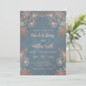 Foto Roos Gold Dusty Blue Wedding Kaart (Staand voorkant)