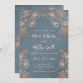 Foto Roos Gold Dusty Blue Wedding Kaart (Voorkant / Achterkant)