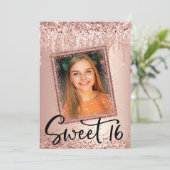 Foto Roos Gold Glitter Drip Girly Modern Sweet 16 Kaart (Staand voorkant)
