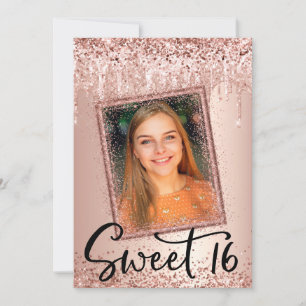 Foto Roos Gold Glitter Drip Girly Modern Sweet 16 Kaart