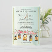 Foto Roos Gold Lantern Waterverf Floral Wedding Kaart (Staand voorkant)