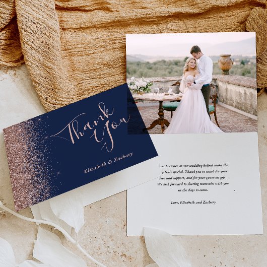 Foto Roos Gold Navy Blue Wedding Bedankt Kaart