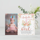 Foto Roos Gold Unicorn 1e verjaardag Uitnodiging (Staand voorkant)