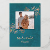 FOTO Roos Goud Blauwgroen Bloemhuwelijk Folie Uitnodiging (Achterkant)