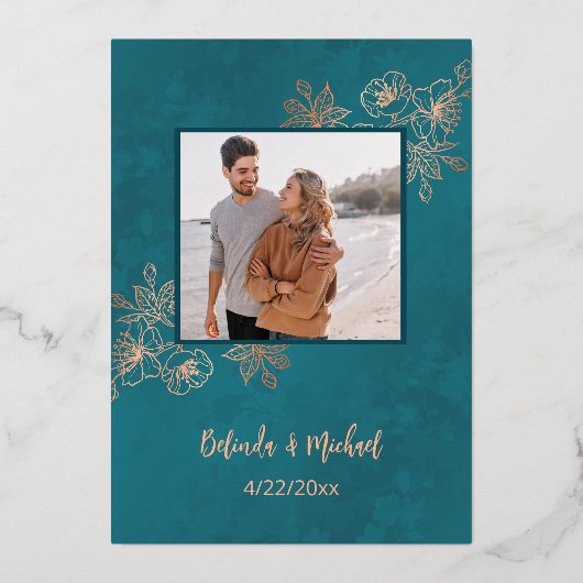 FOTO Roos Goud Blauwgroen Bloemhuwelijk Folie Uitnodiging (Achterkant)
