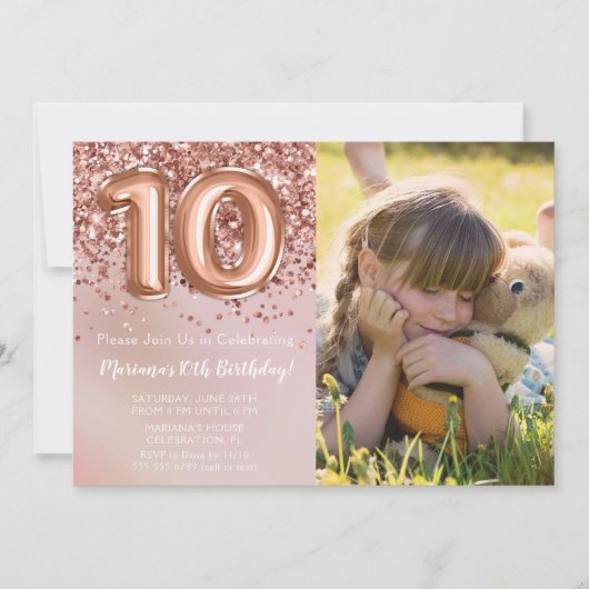 Foto Roos Goud Kinder Meisje 10e Verjaardagsfeestj Kaart (Voorkant)