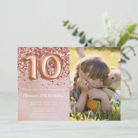 Foto Roos Goud Kinder Meisje 10e Verjaardagsfeestj Kaart (Staand voorkant)