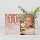 Foto Roos Goud Kinder Meisje 11e Verjaardagsfeestj Kaart (Staand voorkant)