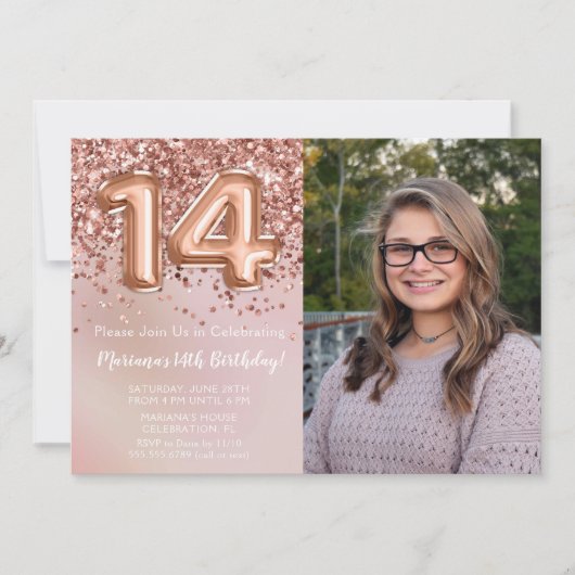 Foto Roos Goud Kinder Meisje 14e Verjaardagsfeestj Kaart (Voorkant)