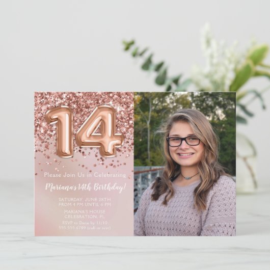 Foto Roos Goud Kinder Meisje 14e Verjaardagsfeestj Kaart (Staand voorkant)