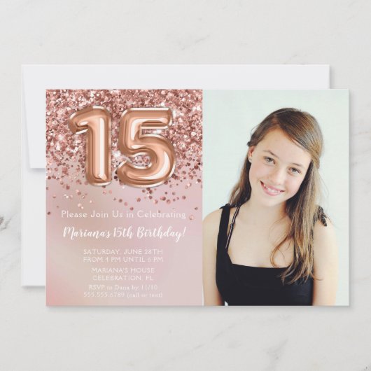 Foto Roos Goud Kinder Meisje 15e Verjaardagsfeestj Kaart (Voorkant)