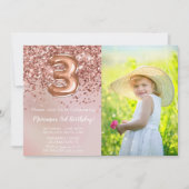 Foto Roos Goud Kinder Meisje 3e Verjaardagsfeestje Kaart (Voorkant)