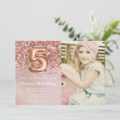 Foto Roos Goud Kinder Meisje 5e Verjaardagsfeestje Kaart (Staand voorkant)