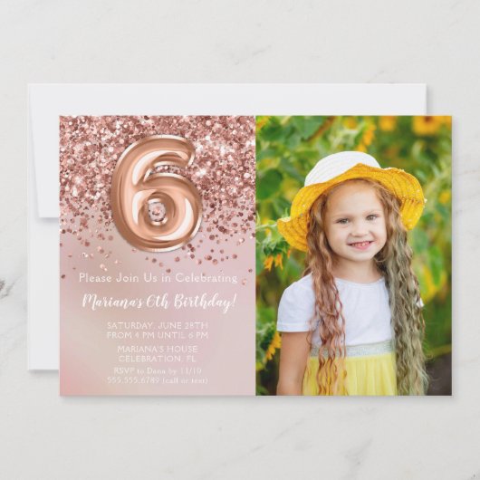 Foto Roos Goud Kinder Meisje 6e Verjaardagsfeestje Kaart (Voorkant)