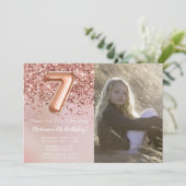 Foto Roos Goud Kinder Meisje 7e Verjaardagsfeestje Kaart (Staand voorkant)