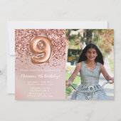 Foto Roos Goud Kinder Meisje 9e Verjaardagsfeestje Kaart (Voorkant)