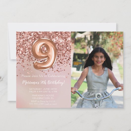 Foto Roos Goud Kinder Meisje 9e Verjaardagsfeestje Kaart (Voorkant)