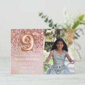 Foto Roos Goud Kinder Meisje 9e Verjaardagsfeestje Kaart (Staand voorkant)