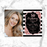Foto Roos Goud Zwart 50e Verjaardag Kaart<br><div class="desc">Elegante bloemenuitnodiging voor de 50e verjaardag met uw foto. Glam zwart roze ontwerp met faux glitter roos goud. Beschikt over zwarte witte strepen, blush roze rozen, script lettertype en confetti. Perfect voor een stijlvol volwassen feestje. Personaliseer met je eigen gegevens. Kan voor om het even welke leeftijd worden aangepast! Gedrukte...</div>