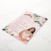 Foto Roos Gouden Bloemen Quinceanera Folie Uitnodiging (Gedraaid)