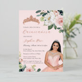Foto Roos Gouden Bloemen Quinceanera Folie Uitnodiging (Staand Voorkant)