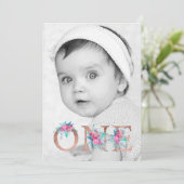 Foto Roos gouden bloemenbrief 1e verjaardag blush Kaart (Staand voorkant)