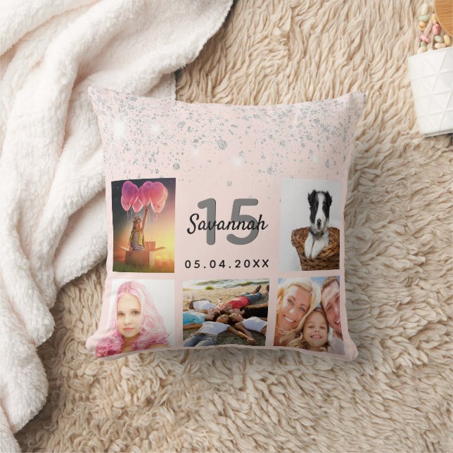 Foto roos gouden glitter blush roze Quinceanera Kussen (Deken)