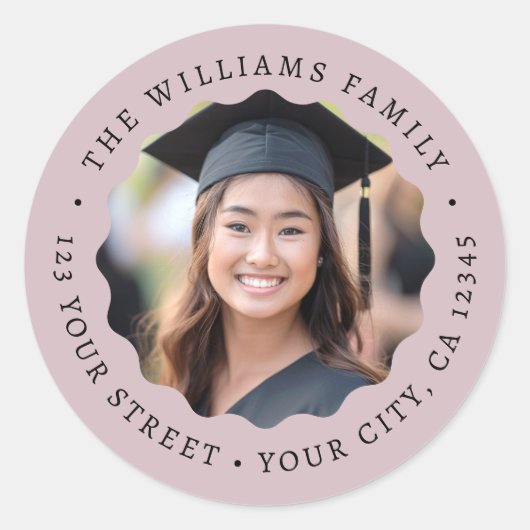 Foto roos taupe afstuderen retouradres ronde sticker (Voorkant)