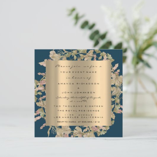 Foto Roos Trouwfeest Gouden Krans Bloem Navy Kaart (Staand voorkant)