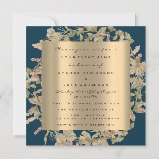 Foto Roos Trouwfeest Gouden Krans Bloem Navy Kaart (Voorkant)