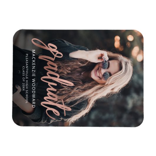 Foto Rosé Goud Schrift Afstudeeruitnodiging Magneet (Horizontaal)