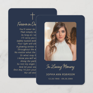Foto rouwkaart blauw elegant goud schrift gebed