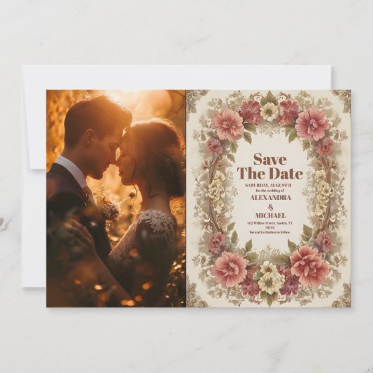 Foto Royal Victoriaans Bloemen Ornamenten Bruiloft Save The Date (Voorkant)