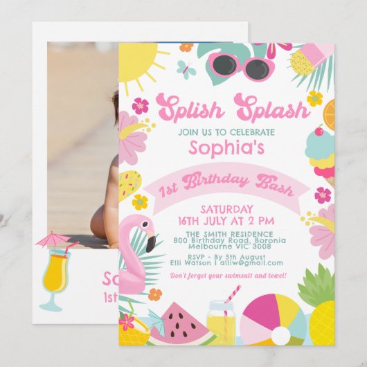 Foto Roze Banner Retro Splish Splash 1e verjaardag Kaart (Voorkant / Achterkant)