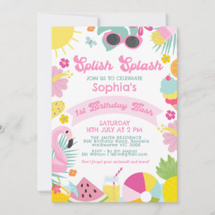 Foto Roze Banner Retro Splish Splash 1e verjaardag Kaart
