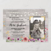 Foto Roze Birthday Floral Rustic Wood Invitations Kaart (Voorkant / Achterkant)
