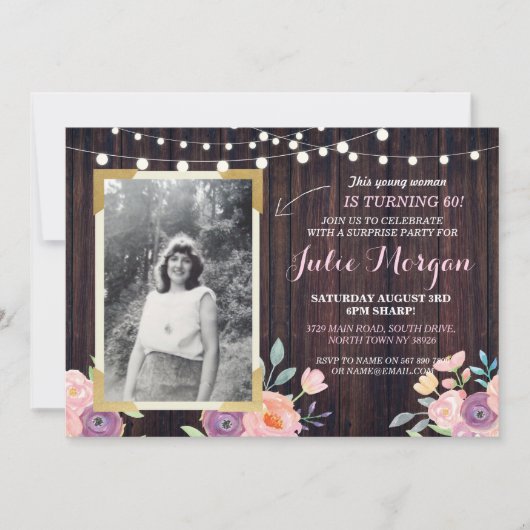 Foto Roze Birthday Floral Rustic Wood Invitations Kaart (Voorkant)