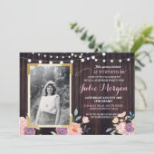Foto Roze Birthday Floral Rustic Wood Invitations Kaart (Staand voorkant)