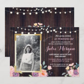 Foto Roze Birthday Floral Rustic Wood Invitations Kaart (Voorkant / Achterkant)