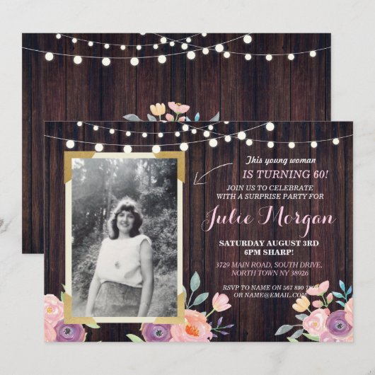 Foto Roze Birthday Floral Rustic Wood Invitations Kaart (Voorkant / Achterkant)