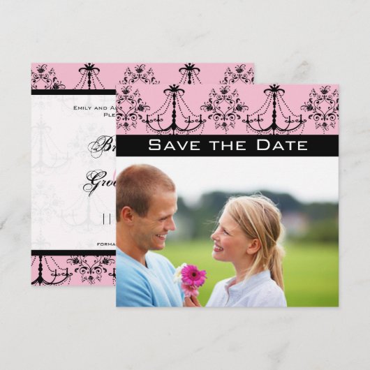 Foto Roze Black Damask Chandelier Save the Date Kaart (Voorkant / Achterkant)