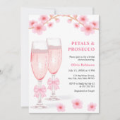 Foto Roze Bloemblaadjes & Prosecco Bruidsfeest Kaart (Voorkant)