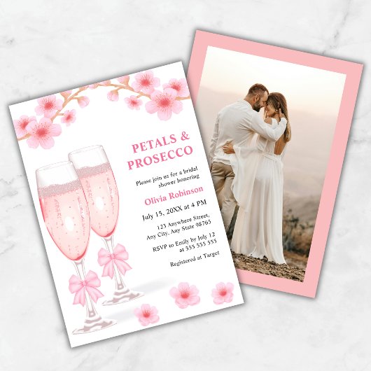 Foto Roze Bloemblaadjes & Prosecco Bruidsfeest Kaart