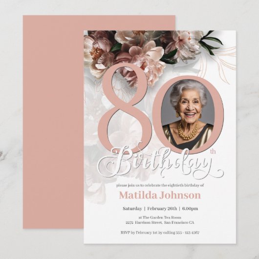 Foto Roze Bloemen 80ste Verjaardag Kaart (Voorkant / Achterkant)