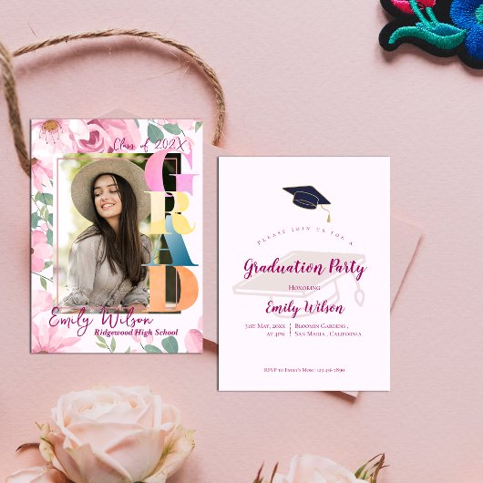 Foto Roze Bloemen Afstuderen Party Mini Uitnodigin Informatiekaartje