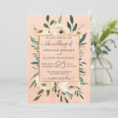 Foto Roze Bloemen Beige Gouden Bruiloft Kaart (Staand voorkant)