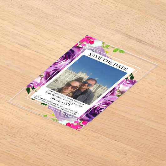 Foto Roze Bloemen Bewaar de datum Acryl Uitnodigingen (Laagn)