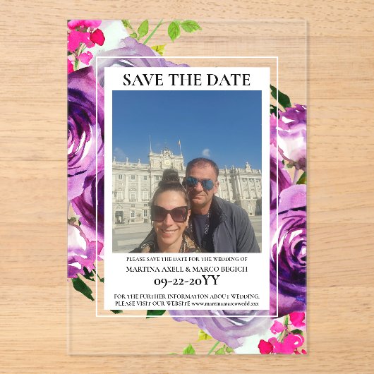 Foto Roze Bloemen Bewaar de datum Acryl Uitnodigingen (Voorkant)